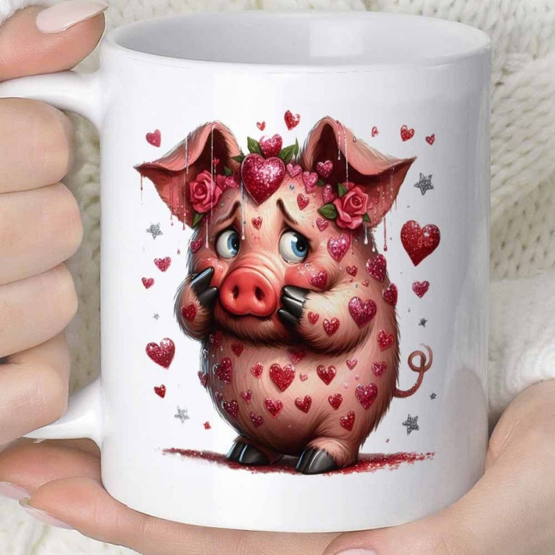 Tailorly White Ceramic 11 oz Mug - Adorable Pink Character Covered With Red Hearts And Roses Among Floating Stars Pig