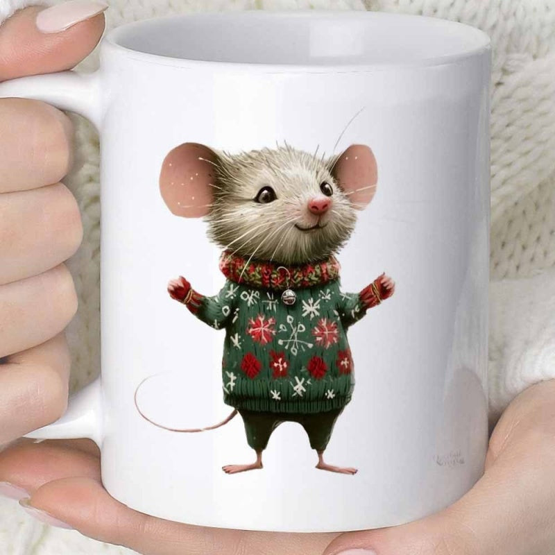 Tailorly White Ceramic 11 oz Mug - Small Adorable Fluffy Animal Wearing A Festive Green Holiday Winter Sweater Mouse