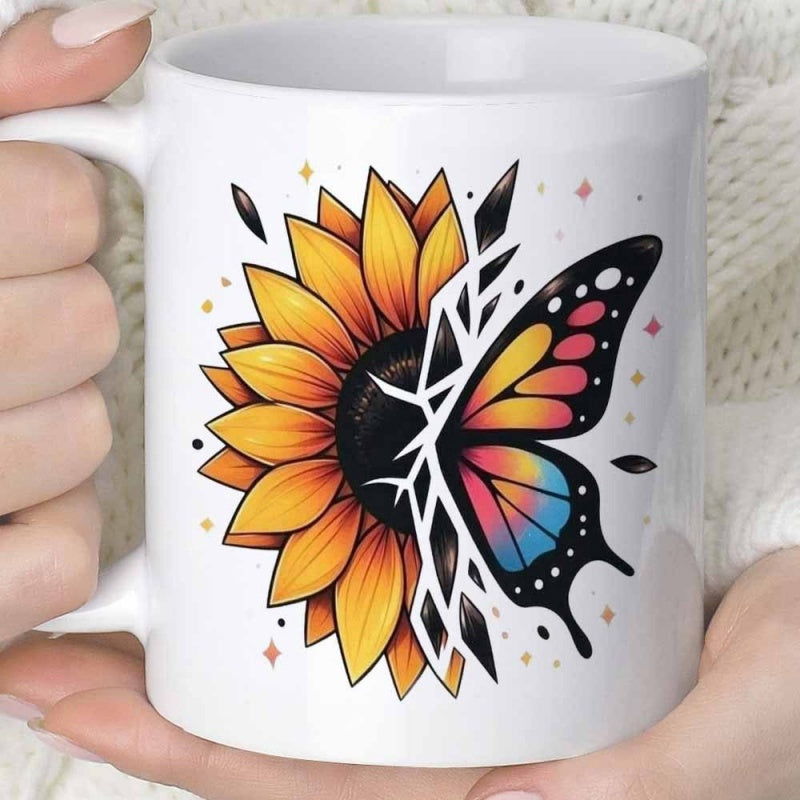 Tailorly White Ceramic 11 oz Mug - Vibrant Artistic Sunflower Merging With Geometric Colorful Wing Pattern Butterfly