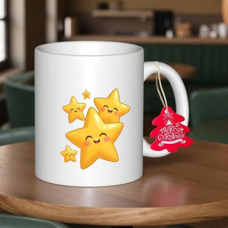Tailorly White Ceramic 11 oz Mug - Merry Christmas Smiling Yellow Stars Grouped Together Shining With Warm Golden Light Star