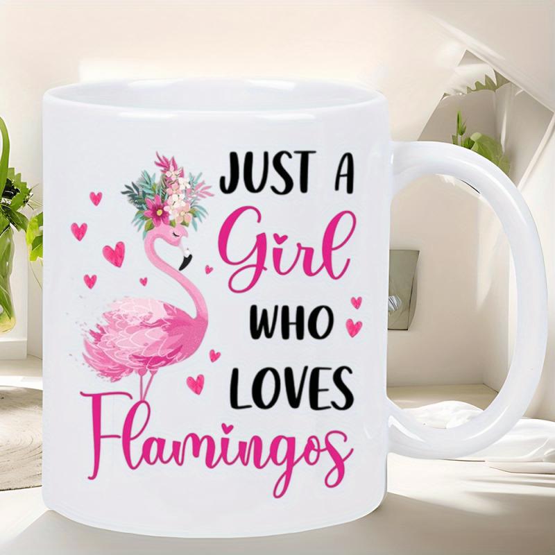 Tailorly White Ceramic 11 oz Mug - Just A Girl Who Loves Flamingos Elegant Pink Bird Wearing Flower Crown And Small Hearts Flamingo