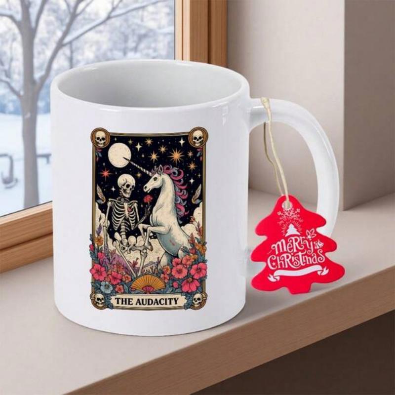 Tailorly White Ceramic 11 oz Mug - The Audacity Skeleton And Unicorn Among Flowers Under A Starry Moonlit Sky Tarot Card