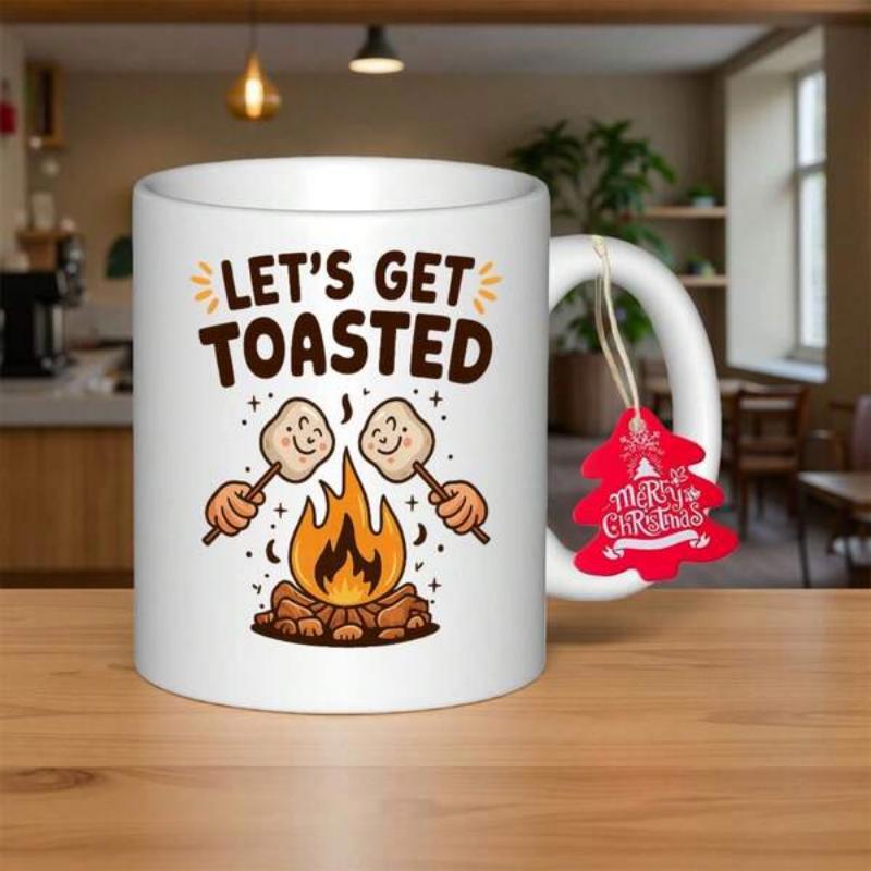 Tailorly White Ceramic 11 oz Mug - Lets Get Toasted Cozy Glowing Campfire Featuring Two Smiling Marshmallows Roasting On Sticks Marshmallow