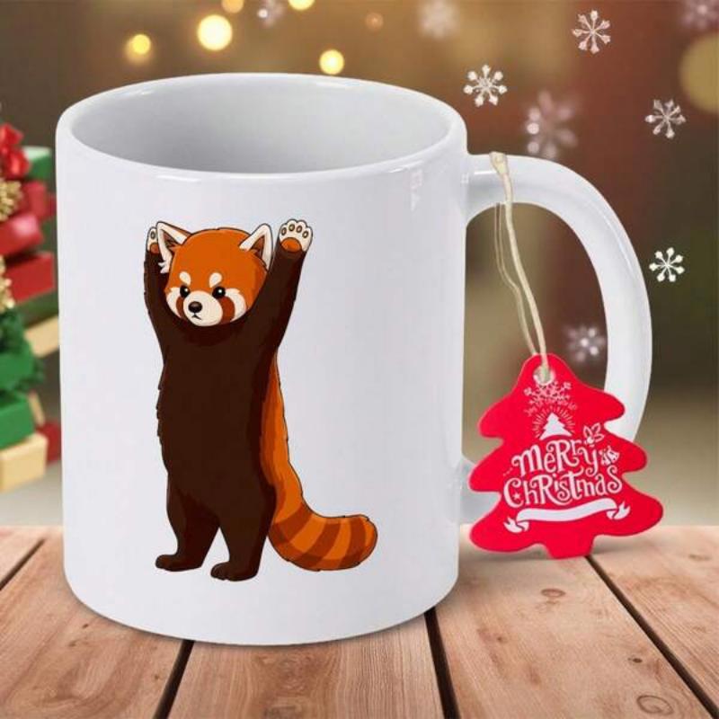 Tailorly White Ceramic 11 oz Mug - Merry Christmas Adorable Standing Wild Animal With Fluffy Ringed Tail And Small Paws Red Panda