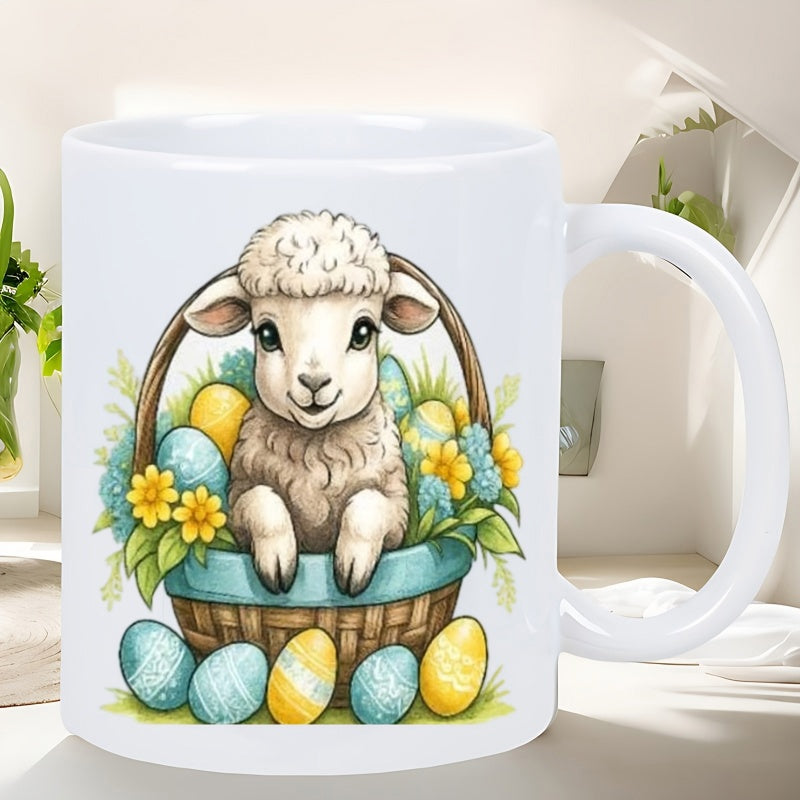 Tailorly White Ceramic 11 oz Mug - Adorable Baby Sheep Inside A Decorative Woven Basket With Colorful Easter Eggs Lamb