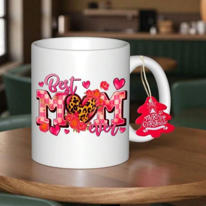 Tailorly White Ceramic 11 oz Mug - Best Mom Ever Pink Checkered Letters Surrounded By Hearts And Leopard Heart Mug