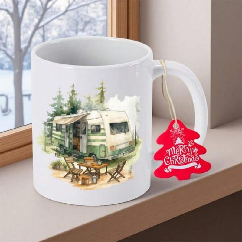 Tailorly White Ceramic 11 oz Mug - Merry Christmas Vintage Green And White Camper Parked Among Evergreen Trees With Outdoor Furniture Caravan