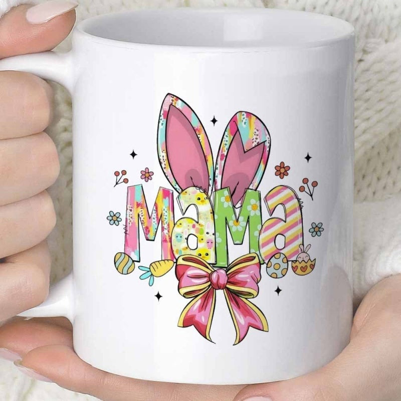 Tailorly White Ceramic 11 oz Mug - Mama Pastel Colored Floral Pattern Letters With Cute Pink Bow Bunny