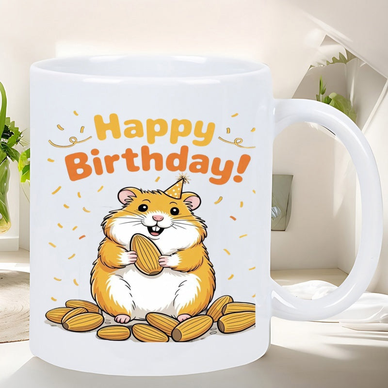 Tailorly White Ceramic 11 oz Mug - Happy Birthday Cute Chubby Hamster With Party Hat Eating Delicious Sunflower Seeds Hamster