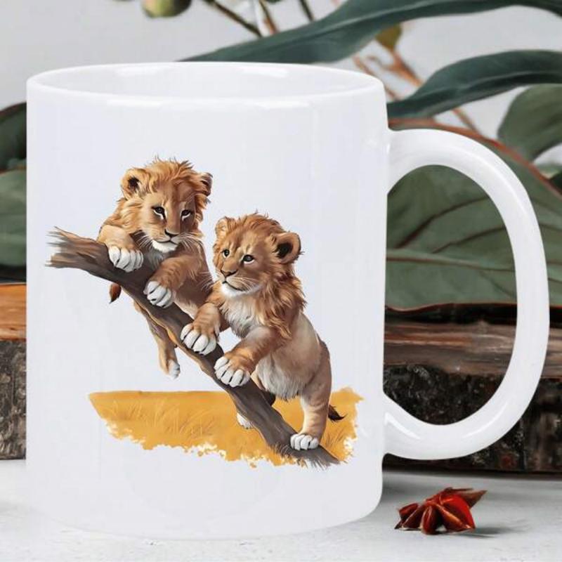 Tailorly White Ceramic 11 oz Mug - Two Adorable Baby Cubs Climbing On A Sturdy Tree Branch Lion
