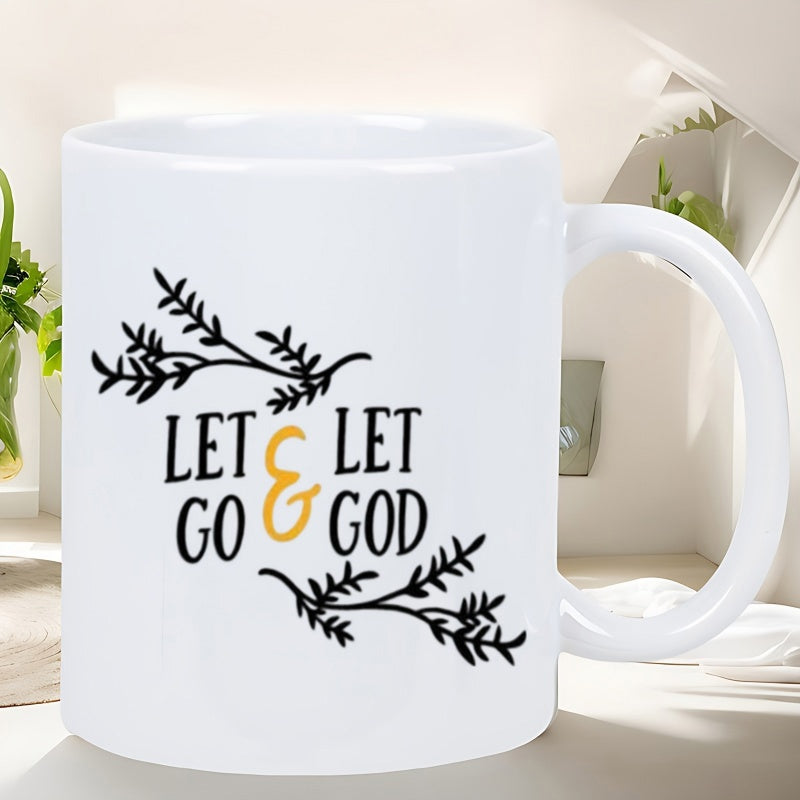 Tailorly White Ceramic 11 oz Mug - Let Go Let God Elegant Minimalist Black Sprigs With Stylized Golden Ampersand Branch