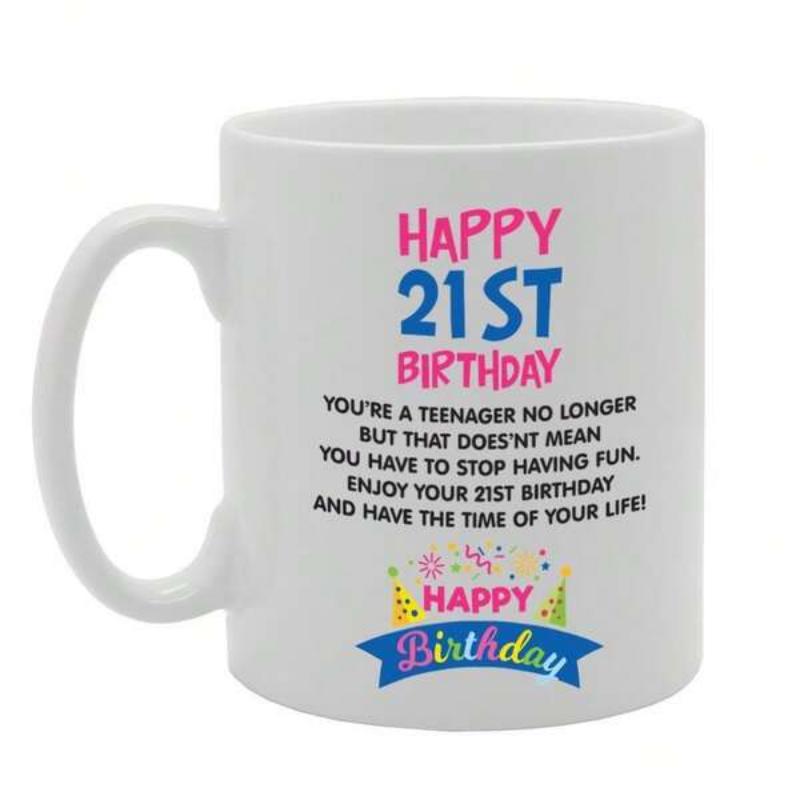 Tailorly White Ceramic 11 oz Mug - Happy 21st Birthday Colorful Confetti Dots And Vibrant Celebration Ribbon Festive Banner