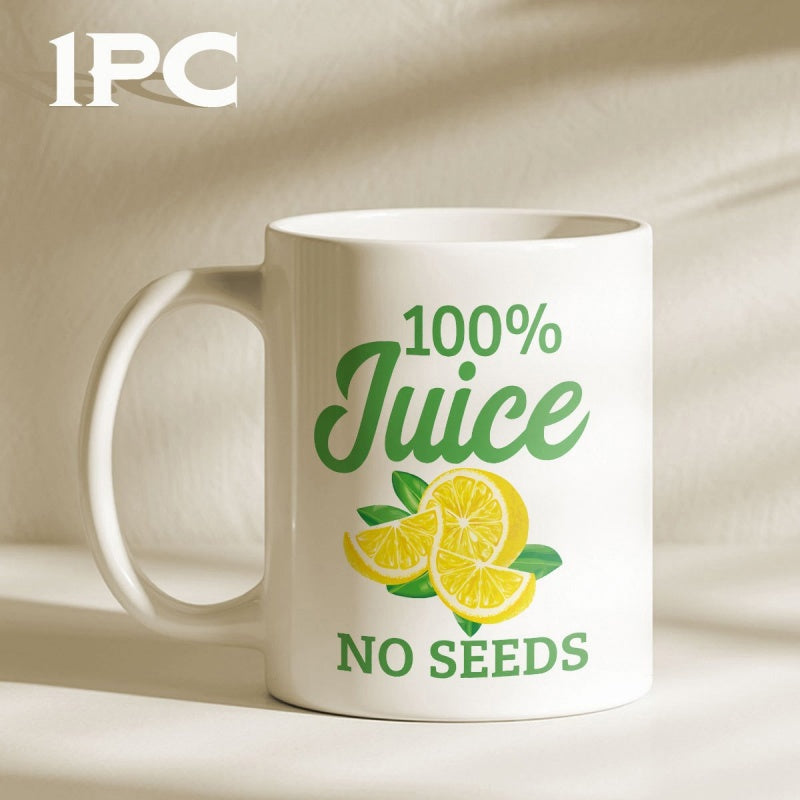 Tailorly White Ceramic 11 oz Mug - 100% Juice No Seeds Vibrant Sliced Yellow Lemons Surrounded By Small Green Leaves On White Surface Lemon