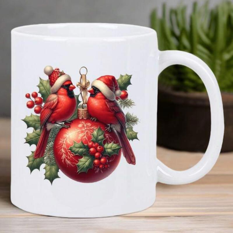 Tailorly White Ceramic 11 oz Mug - Two Festive Red Cardinals Wearing Santa Hats On Red Ornament Cardinal