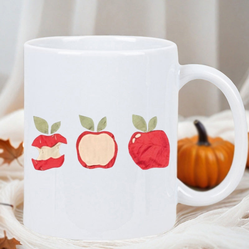 Tailorly White Ceramic 11 oz Mug - Three Red Illustrative Fruit Stages Showing A Bitten And Sliced Apple