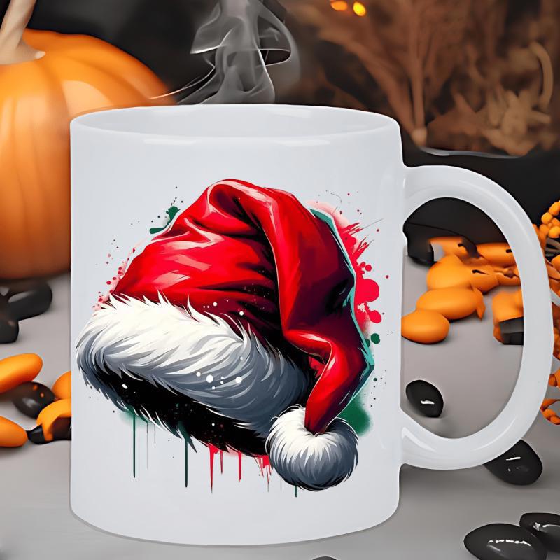 Tailorly White Ceramic 11 oz Mug - Festive Red Holiday Santa Claus Apparel With Soft White Fur Trim And Colorful Splatter Accents Hat