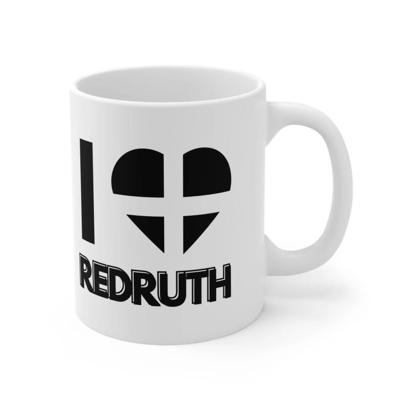 Tailorly White Ceramic 11 oz Mug - I Redruth Minimalist Black Heart Featuring St Piran Cross Symbol On Ceramic Mug