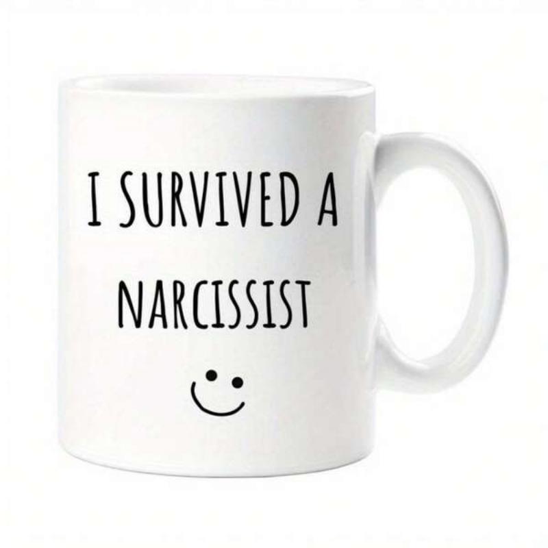 Tailorly White Ceramic 11 oz Mug - I Survived A Narcissist Minimalist Black Ink Smiling Icon Resting On A Plain