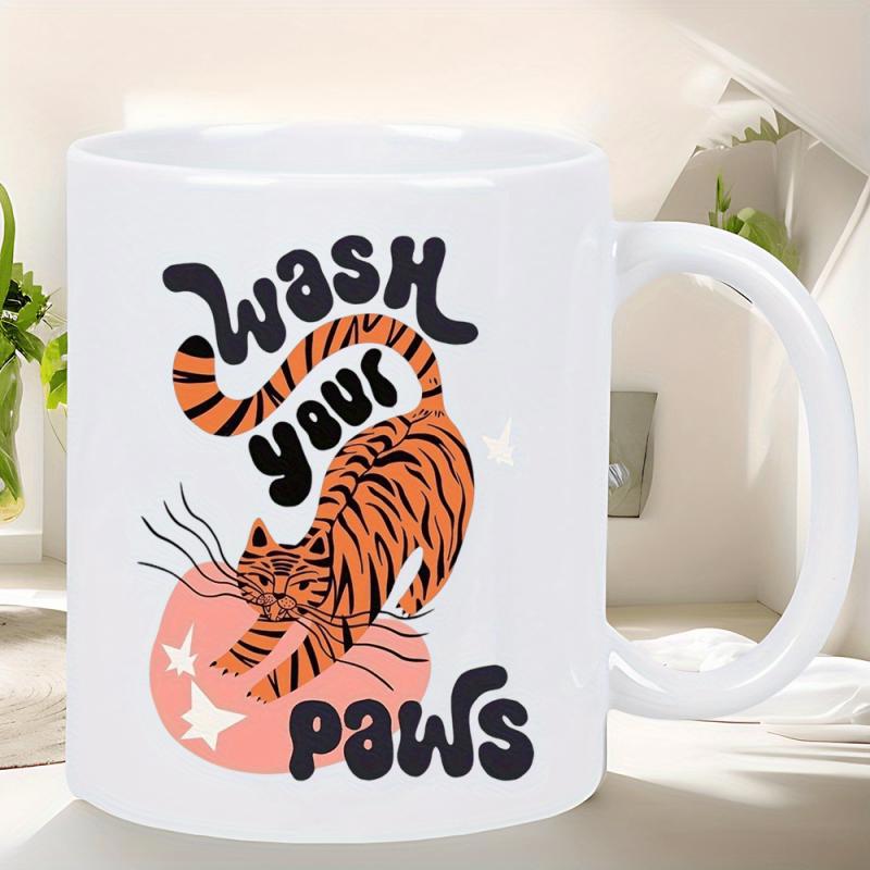 Tailorly White Ceramic 11 oz Mug - Wash Your Paws Playful Striped Ginger Cat Stretching On A Pink Circle Background Cat