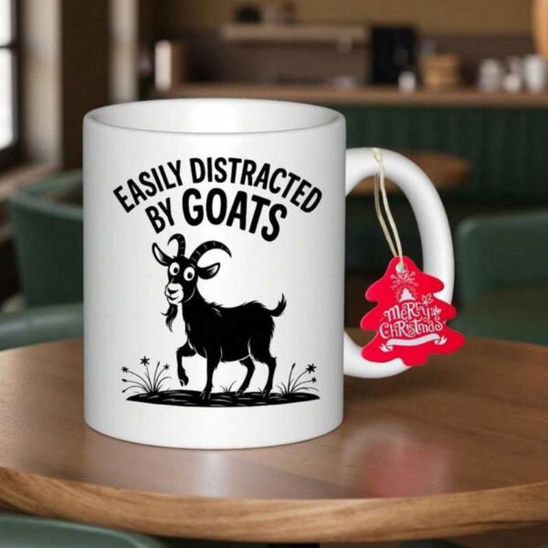 Tailorly White Ceramic 11 oz Mug - Easily Distracted By Goats Whimsical Hand Drawn Cartoon Style Farm Animal Standing On Patch Of Grass Goat