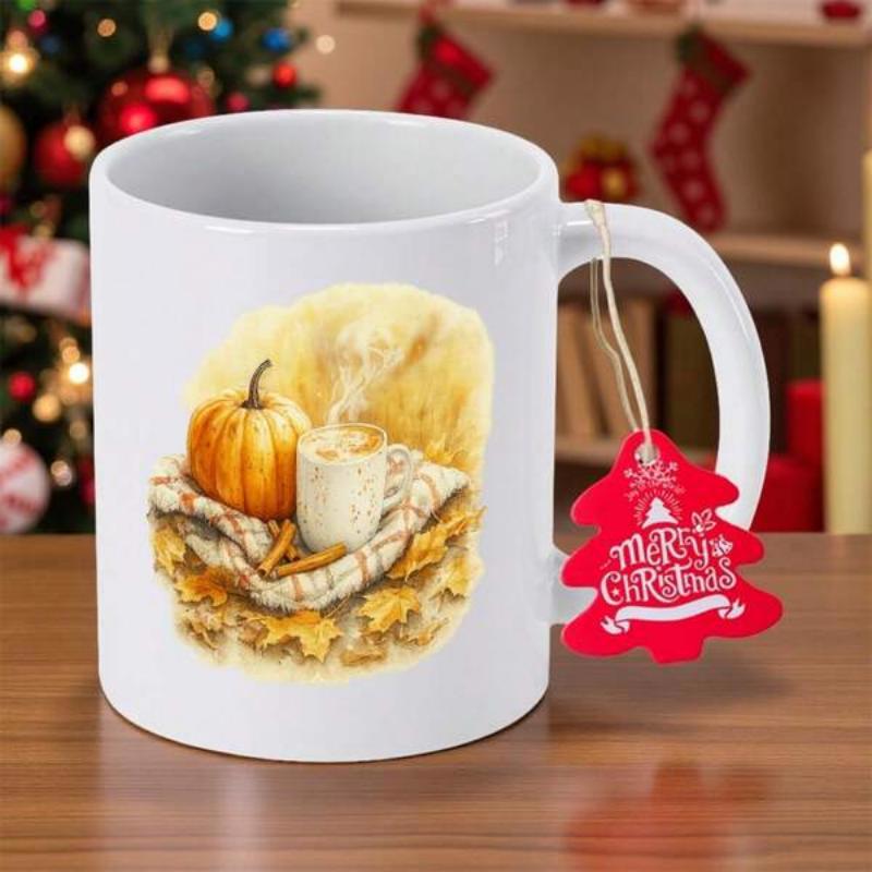 Tailorly White Ceramic 11 oz Mug - Rustic Watercolor Autumn Scene With Steaming Coffee Cup And Fallen Golden Leaves Pumpkin