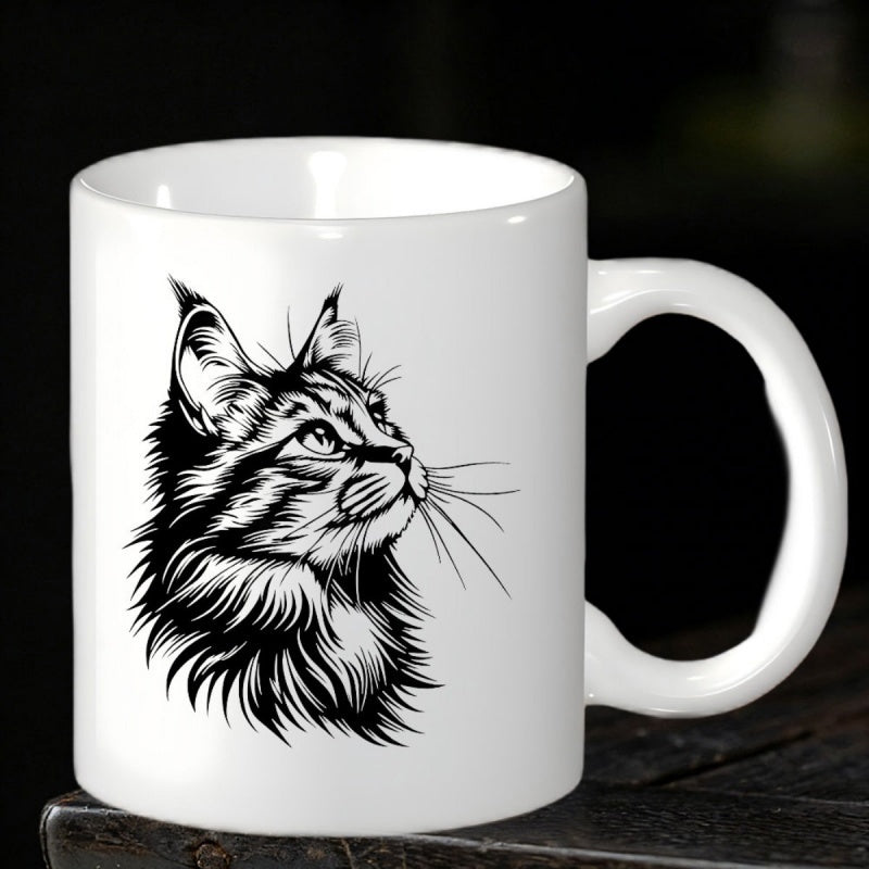 Tailorly White Ceramic 11 oz Mug - Detailed Sketch Style Featuring A Long Haired Majestic Looking Feline Cat