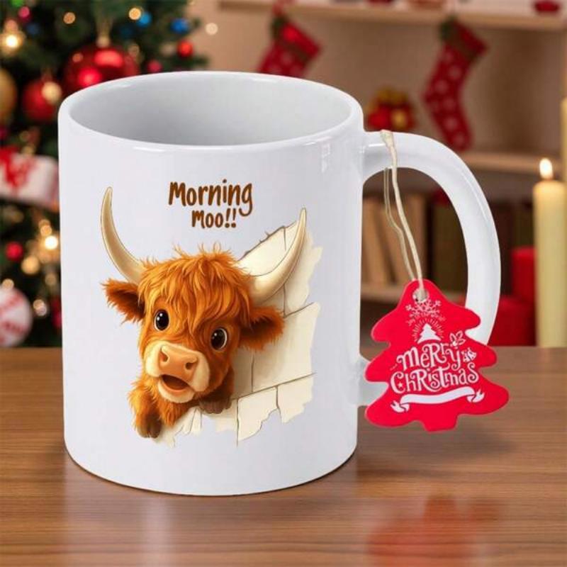 Tailorly White Ceramic 11 oz Mug - Morning Moo Merry Christmas Adorable Fluffy Highland Calf Peeking Through Torn Paper Effect Cow