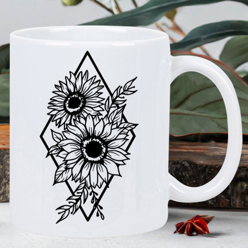 Tailorly White Ceramic 11 oz Mug - Elegant Black Line Art Sunflowers Inside A Minimalist Geometric Diamond Frame Sunflower