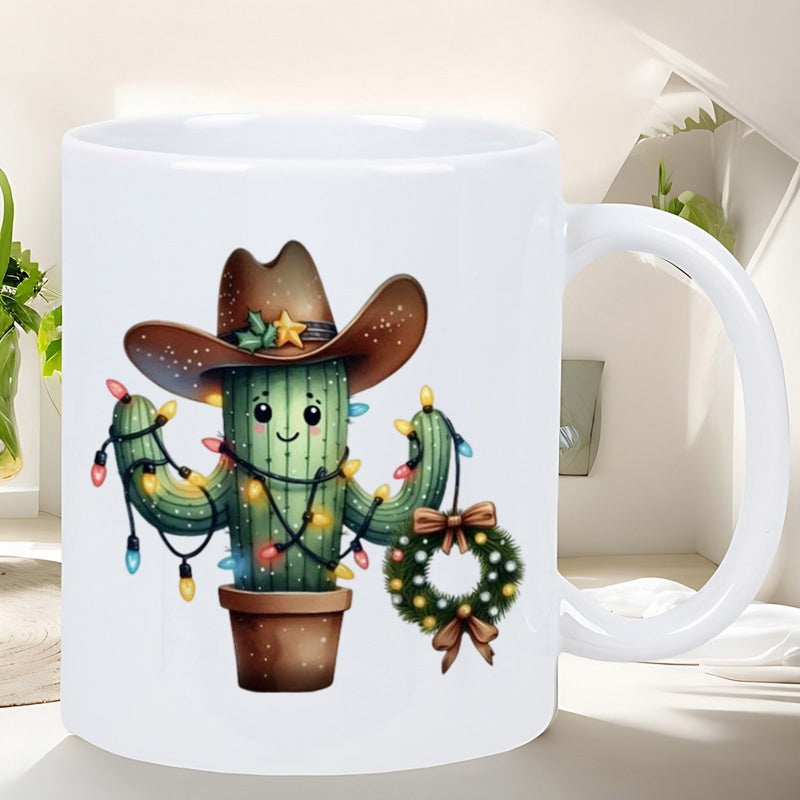 Tailorly White Ceramic 11 oz Mug - Cute Cactus Wearing Cowboy Hat With Festive Christmas Lights And Wreath Cactus