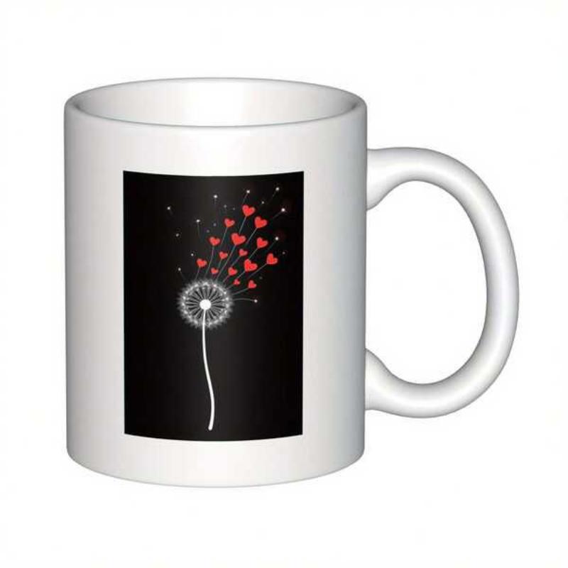 Tailorly White Ceramic 11 oz Mug - Blowing Gently With Red Hearts Floating In The Dark Night Sky Dandelion