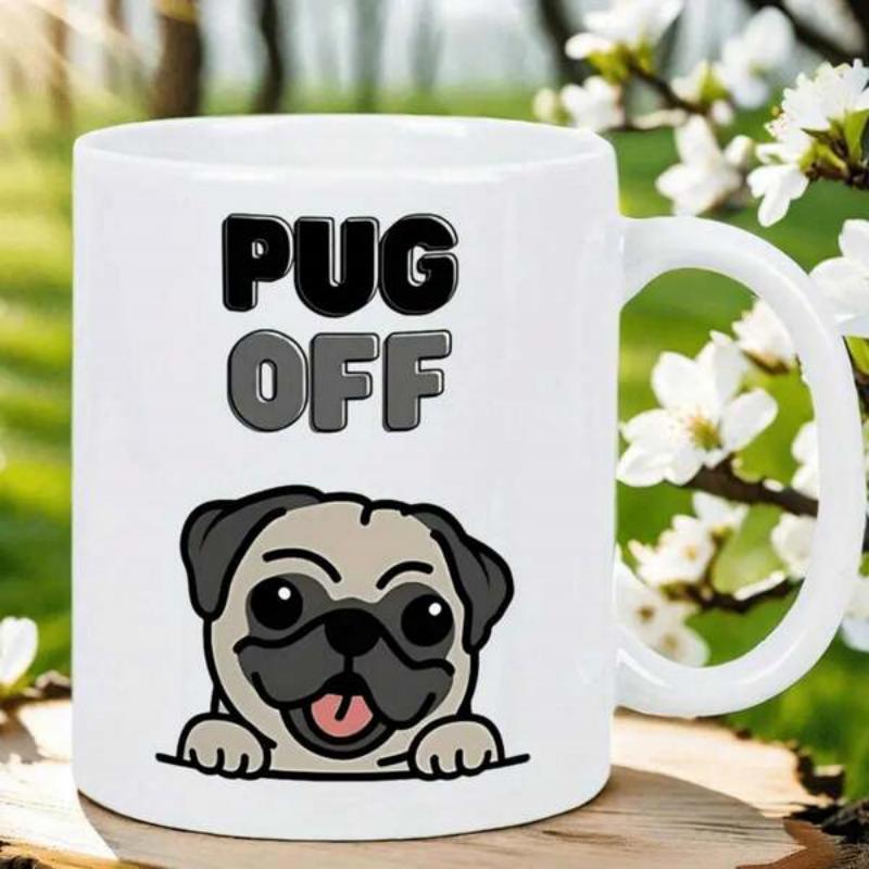 Tailorly White Ceramic 11 oz Mug - Pug Off Cartoon Dog Peeking Over A Ledge With A Playful Happy Expression Pug