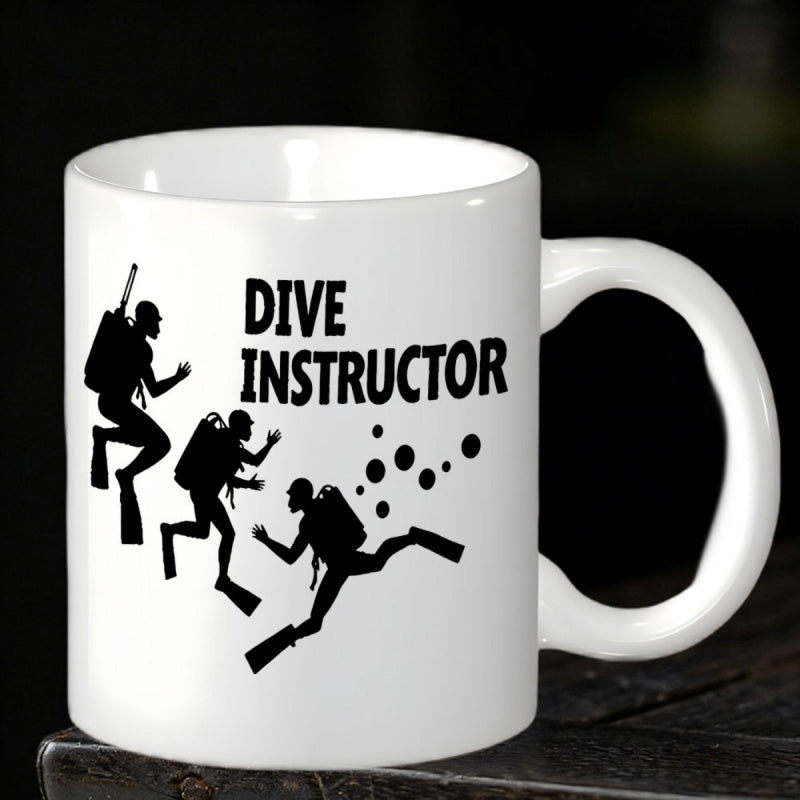 Tailorly White Ceramic 11 oz Mug - Dive Instructor Scuba Silhouettes Swimming Deep Through The Bubbles Of Clear Water Diver