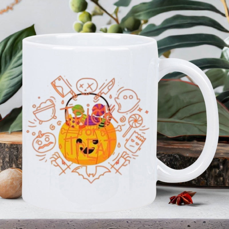 Tailorly White Ceramic 11 oz Mug - Trick Or Treat Cartoonish Bucket Full Of Candies Surrounded By Spooky Seasonal Holiday Doodles Pumpkin