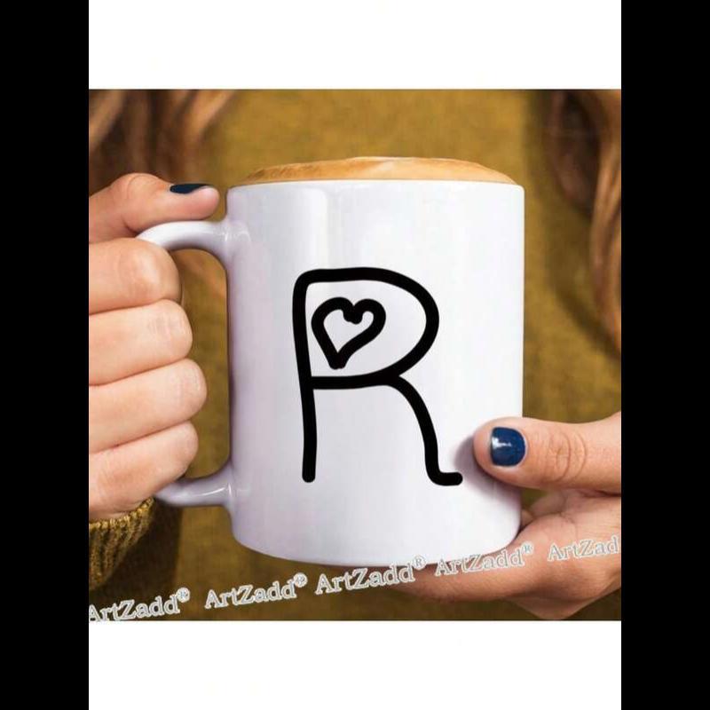 Tailorly White Ceramic 11 oz Mug - R Minimalist Hand Drawn Black Line Art Style Featuring Heart Within Initial Letter