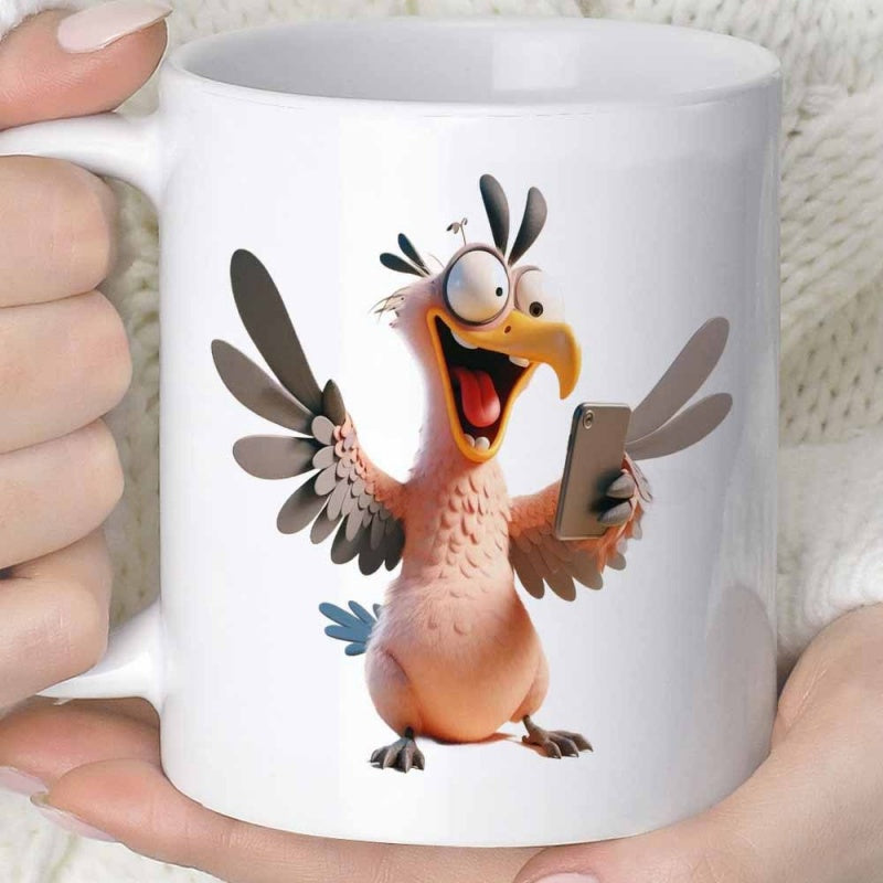 Tailorly White Ceramic 11 oz Mug - Funny Cartoon Character With Wide Eyes Taking A Selfie On Phone Bird