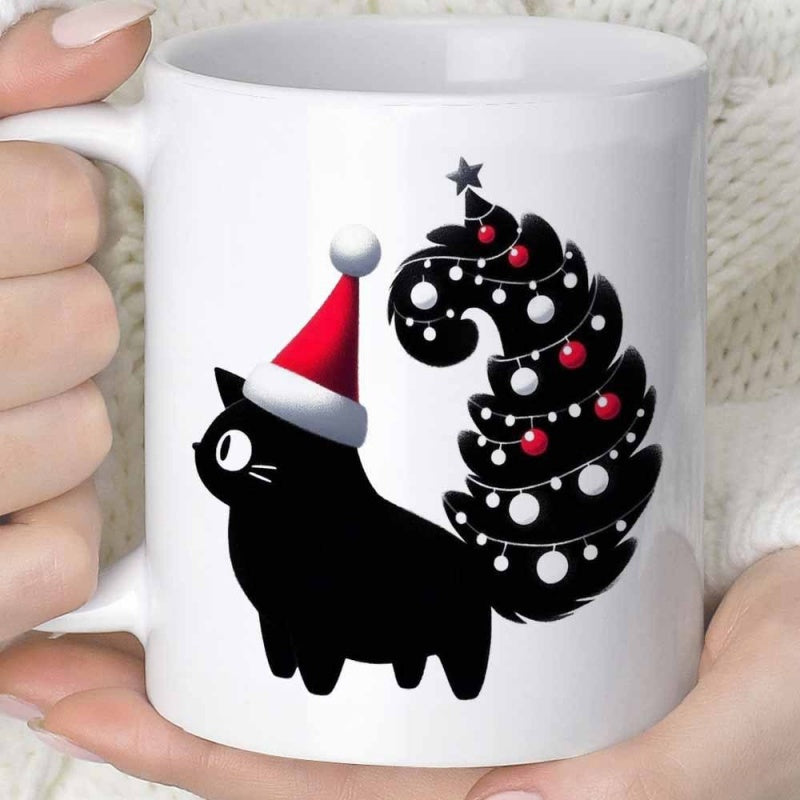 Tailorly White Ceramic 11 oz Mug - Festive Black Feline Wearing Red Santa Hat With Christmas Tree Tail Cat