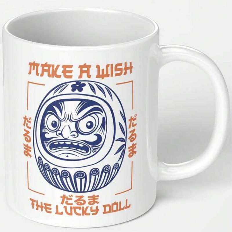 Tailorly White Ceramic 11 oz Mug - Make A Wish The Lucky Doll Traditional Japanese Folk Design Featuring Intricate Blue Ink Lines Doll