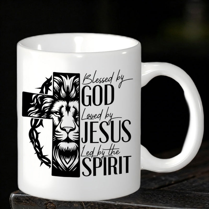 Tailorly White Ceramic 11 oz Mug - Blessed By God Loved By Jesus Led By The Spirit Strong Majestic Feline Face Within Religious Cross Silhouette And Thorns Lion