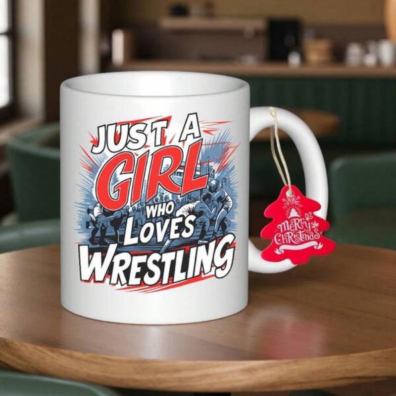 Tailorly White Ceramic 11 oz Mug - Just A Girl Who Loves Wrestling Dynamic Athletic Silhouetted Figures Against Distressed Blue Background Wrestlers