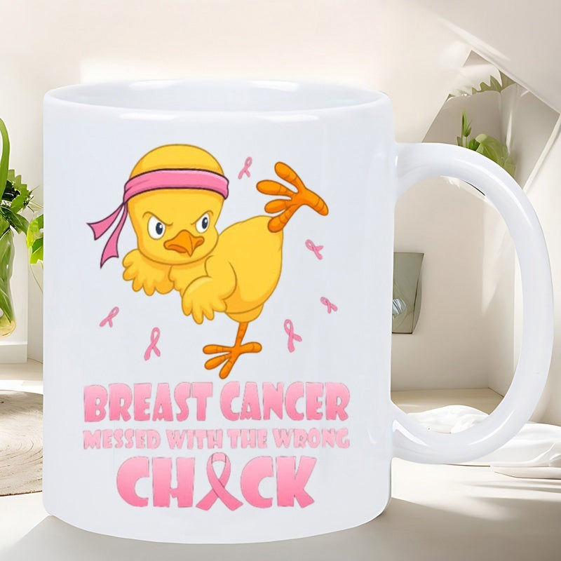 Tailorly White Ceramic 11 oz Mug - Breast Cancer Messed With The Wrong Chick Fierce Yellow Cartoon Bird Wearing Pink Headband In Martial Arts Pose Ribbons Chick