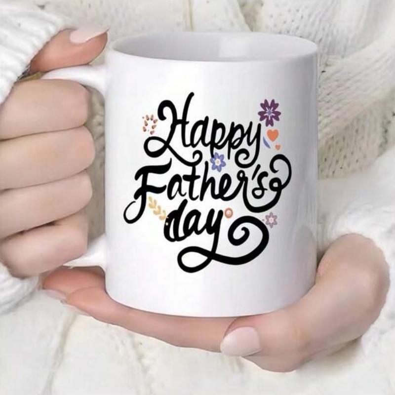 Tailorly White Ceramic 11 oz Mug - Happy Father's Day Elegant Hand Lettering With Small Colorful Flowers Around Artistic Script Mug