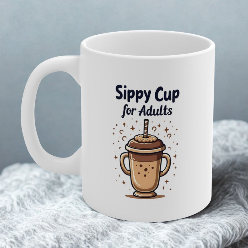 Tailorly White Ceramic 11 oz Mug - Sippy Cup For Adults Cute Cartoon Shake Illustration Featuring Dual Handles And Straw In Center Mug