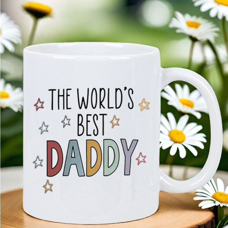 Tailorly White Ceramic 11 oz Mug - The Worlds Best Daddy Colorful Stars Scattered Around Hand Written Playful Decorative Script Ceramic Mug