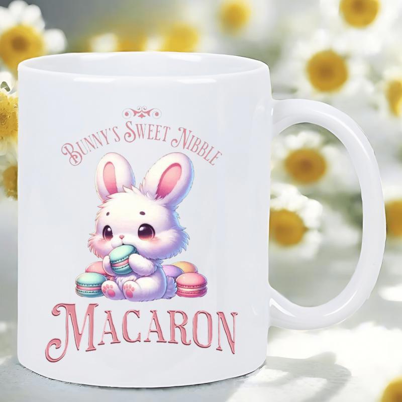 Tailorly White Ceramic 11 oz Mug - Bunny's Sweet Nibble Macaron Adorable Pastel Colored Rabbit Enjoying Delicious Sweet Macarons In Soft Light Bunny