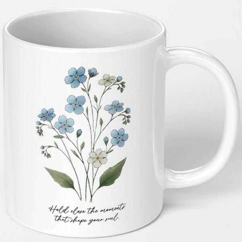Tailorly White Ceramic 11 oz Mug - Hold Close The Moments That Shape Your Soul Delicate Blue And White Wildflowers Blooming With Graceful Green Leaves Flower