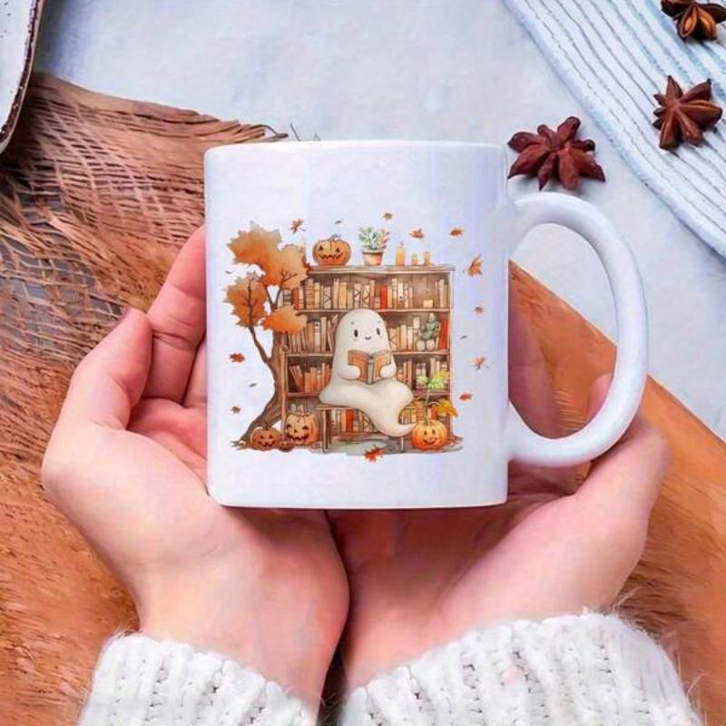 Tailorly White Ceramic 11 oz Mug - Reading Among Fallen Leaves Beside A Cozy Autumn Library Shelf Ghost