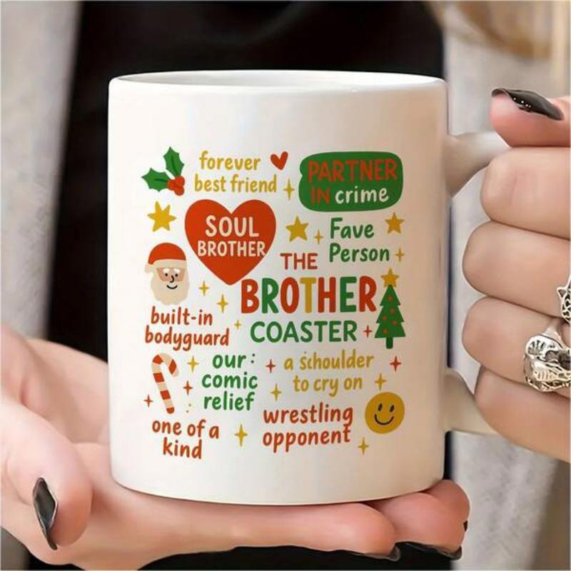 Tailorly White Ceramic 11 oz Mug - Soul Brother Partner In Crime The Brother Coaster Festive Christmas Symbols With Stars Surrounding A Large Red Vibrant Heart