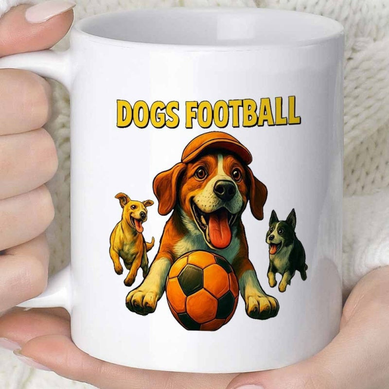 Tailorly White Ceramic 11 oz Mug - Dogs Football Playful Puppies With Orange Cap Playing Soccer In Sunny Field Dog