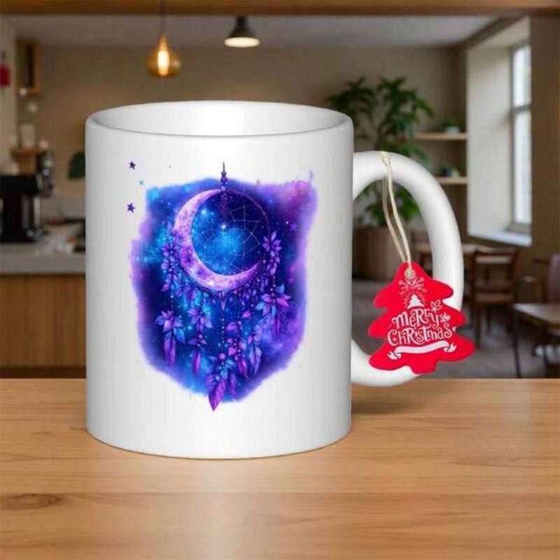 Tailorly White Ceramic 11 oz Mug - Glowing Purple Watercolor Crescent Moon With Feathers Under Starry Night Sky Dreamcatcher