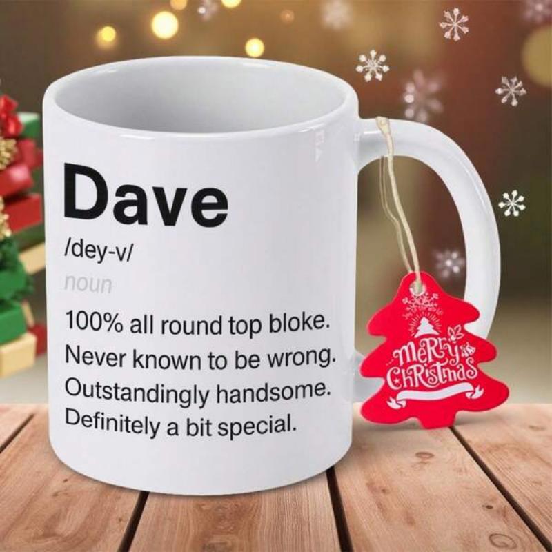 Tailorly White Ceramic 11 oz Mug - Dave One Hundred Percent All Round Top Bloke Minimalist White Ceramic Vessel With Black Dictionary Definition Typography Styled